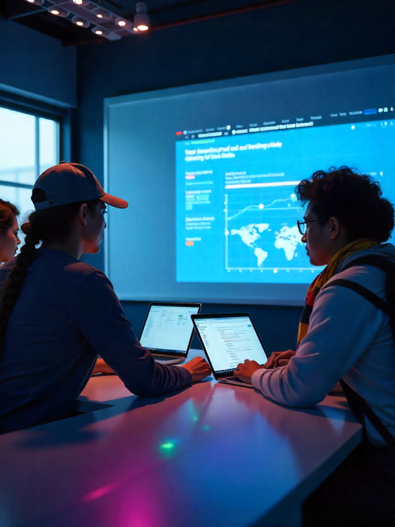 Students collaborating on laptops in a modern classroom with data analytics and global charts projected on screen, teamwork on technology and research presentation.