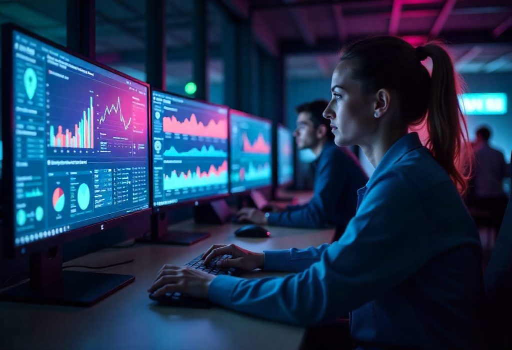 cybersecurity professionals monitoring multiple computer screens with data visualizations and threat analysis dashboards in a dimly lit operations center, representing the future of cloud security.