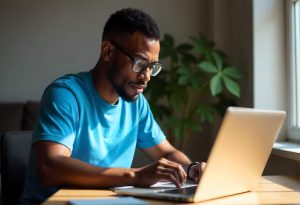 A focused man studying for AWS certification on a laptop near a window — mastering cloud exam practices for AWS exam prep 2025 guide