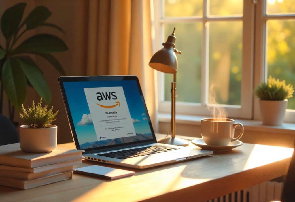 Study desk setup with AWS certification books, laptop, and cloud exam preparation materials