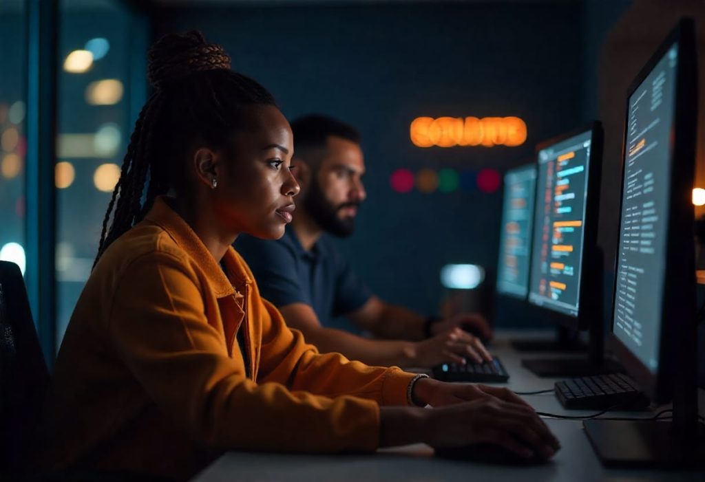 “Cybersecurity professionals working on coding and monitoring systems inside AWS Security Labs, focusing on advanced cloud protection feature