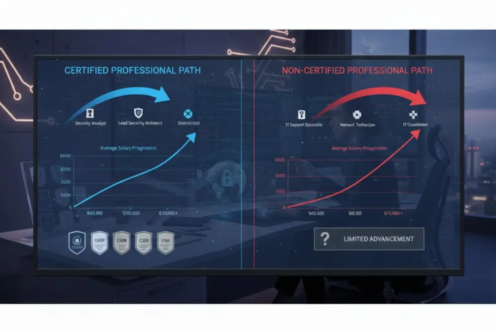 Career growth comparison showing cyber security certification training impact on salaries