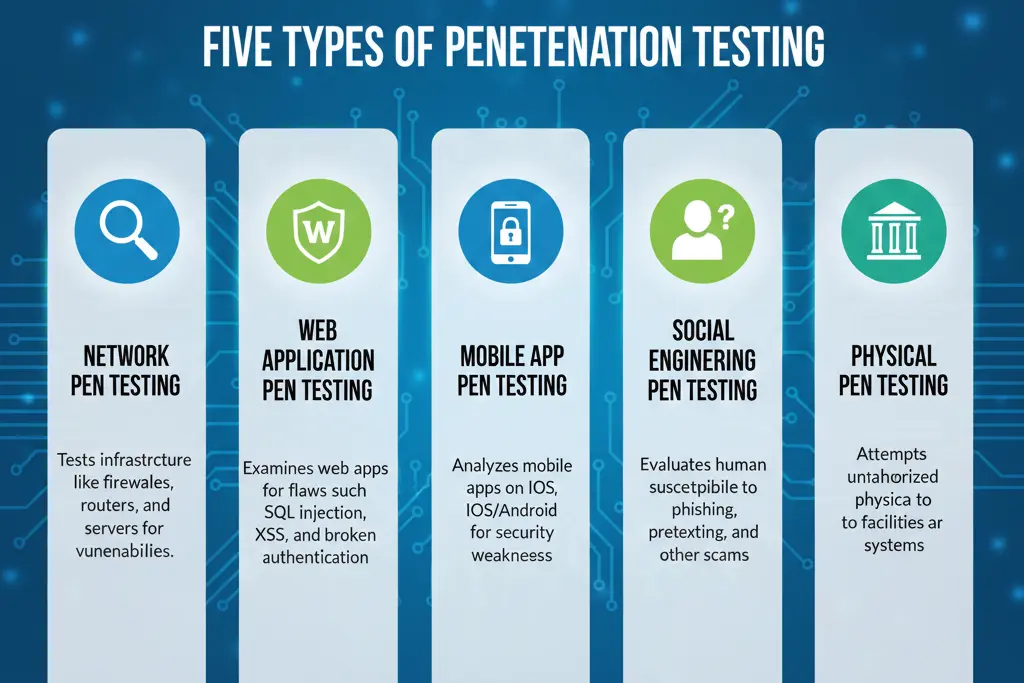 Types of penetration testing including network, web application, wireless, cloud, and social engineering