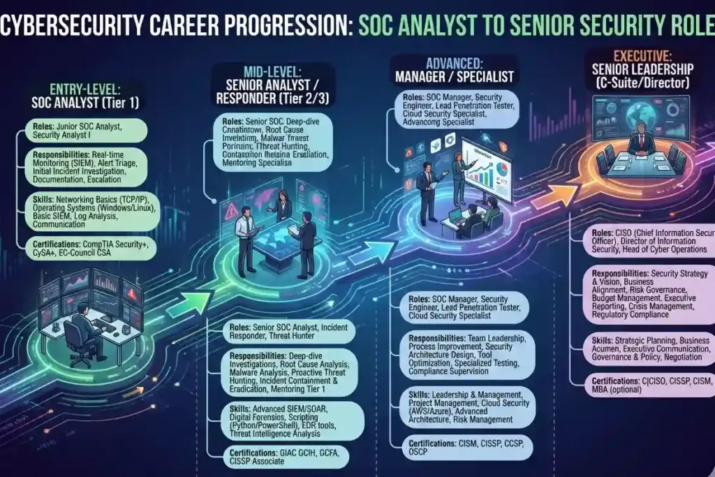 Cybersecurity career growth path starting with SOC analyst training and certification opportunities
