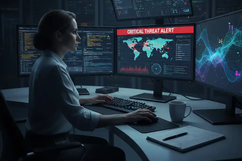 SOC analyst monitoring cybersecurity threats on SIEM dashboard during security operations