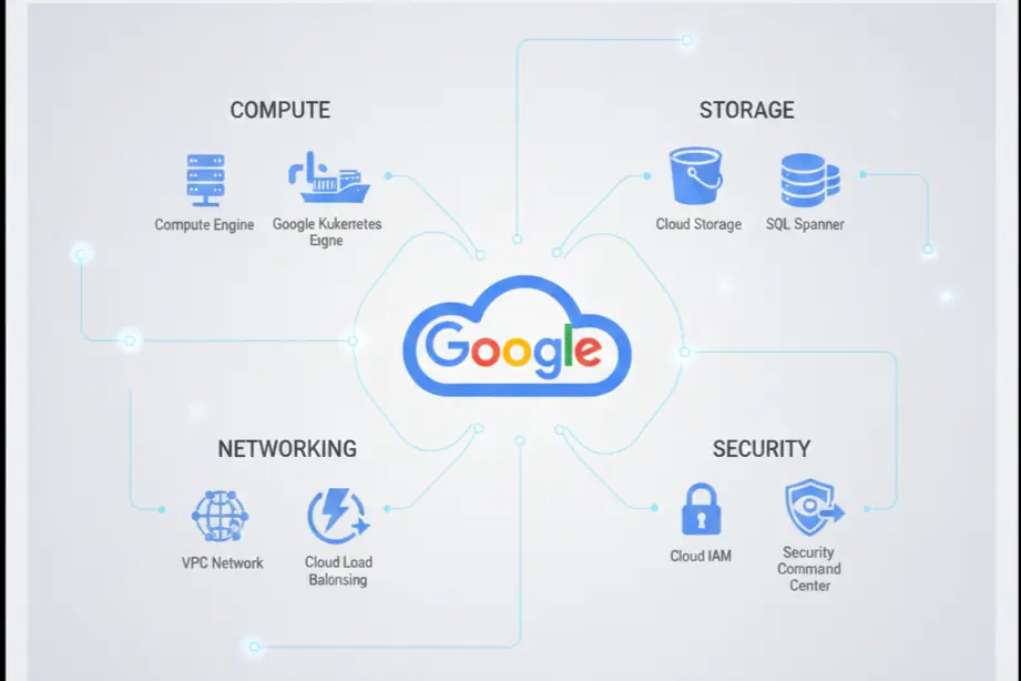Google Cloud Platform beginner overview diagram showing core services