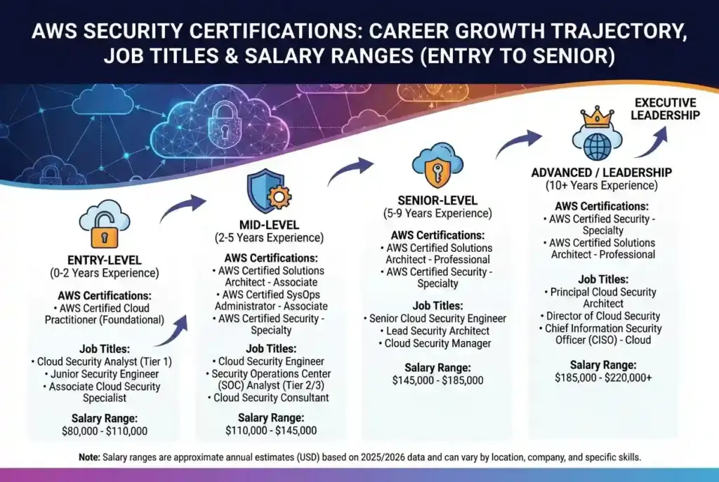 Career progression chart showing AWS security certification paths and corresponding salary growth opportunities